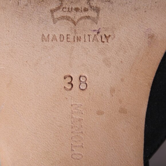 Manolo Blahnik Heels Floran Sz 38 Black Rhinestones Satin Leather Kitten 1.5" - Picture 10 of 13